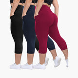 Capri-Leggings Set - Für Damen mit hoher Taille Sport – Schwarz/Marineblau/Rot