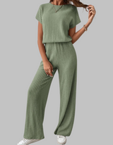 Paula | Damen Rippstrick-Set Kurzarm Top Weite Hose Casual – Grün