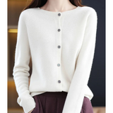 Damen Strickjacke mit O-Ausschnitt aus reiner Merinowoll – Weiß