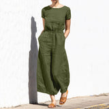 Gerader Jumpsuit mit Falten am Revers ohne Gürtel - Nora – Armeegrün Kurzarm
