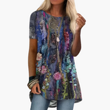 Geblümte Bluse für Damen - Kurzarm, Mehrfarbig, Elegant – Blau