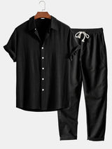 Button-Up Hemd und gerade geschnittene Hose aus Leinen-Rayon-Mischung – Schwarz