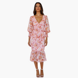 Blumen Midi Kleid mit Puffärmeln - elegantes Damen Sommerkleid – Rosa