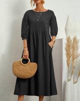 Midikleid mit Rundhalsausschnitt & Laternenärmeln – Selina – Schwarz