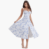 Midi Corsage Sommerkleid für Frauen - Blumenmuster Elegant – Blau