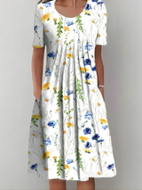Amelia - Plissiertes Softtouch-Kleid – Weiß (Blaue Blumen)