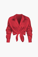 Damen Geknöpft Lang Bluse – Rot