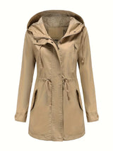 Damen Langarm Wasserdichter Trenchcoat | Mit Kapuze – Khaki