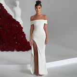 Selena - Langes Kleid mit Schulterschlitz und taillierter Form – Blanco