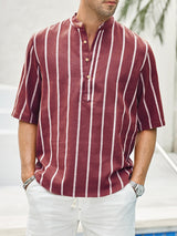 Samuel | Kurzarm-Henley-Sommerhemd mit Streifenmuster – Burgundisch