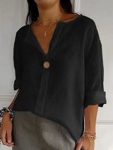 Susanne | V-Ausschnitt Leinen Bluse – Schwarz