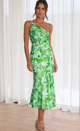 Aeris | Langes Asymmetrisches Kleid mit Blumenmuster – Grün