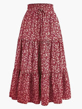 Damenrock mit Smockbund Eleganter Alltagsstil Midi Volantrock – Rot