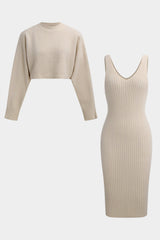 Shira | Strick-Zweiteiler-Set mit Crop-Pullover & Figurbetontem Kleid – Beige