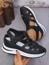 Bequeme Sandalen mit Keilabsatz und Klettverschluss für Damen – Schwarz