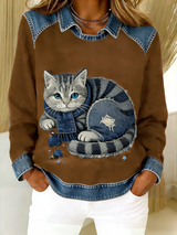 Eponin – Retro Katzen Jeansstoff Flickwerk Sweatshirt – Braun