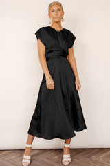 Damen Kurzarm Wickel Midi Hochzeitsgast Kleid – Schwarz