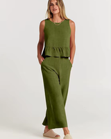 Damen Lässig Leichte Zweiteiliges Set | Hose und Oberteil – Millitärisch Grün