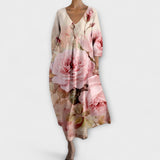 Fiona - Langes, Buntes Kleid mit V-Ausschnitt – Pink Blumen