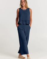 Damen Lässig Leichte Zweiteiliges Set | Hose und Oberteil – Blau