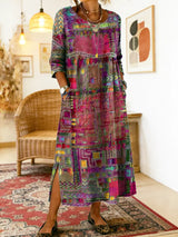 Manuela | Denim-Kleid mit ethnischem Patchwork – Rosa