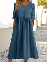 Chiora – Hochwertiges Baumwoll-Leinen-Kleid – Marineblau