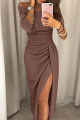 Amelie Glitzerndes Off-Shoulder Kleid mit Schlitz – Braun