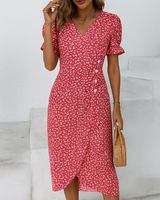 Damen Elegantes Blumen Kleid | V-Ausschnitt – Rot