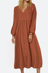 Yuna | V-Ausschnitt Ballonärmel Midikleid – Rot Ziegelrot