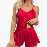 Kurzes Damenpyjama im sexy Stil für zu Hause - Set mit Top und Shorts mit Spitzenakzenten, ideal für Frühling-Sommer – Bordeaux