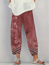 Thimasha - Caprihose Im Vintage Blumenmuster Mit Elastischem Bund – Rot