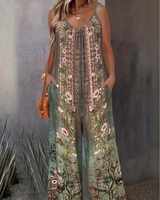 Damen Boho Jumpsuit Mit Blumenmuster | Ärmellos & Weites Bein – Grün