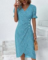 Damen Elegantes Blumen Kleid | V-Ausschnitt – Blau