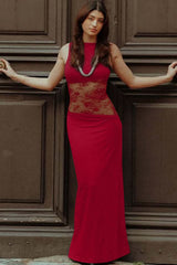 Amanda - Transparentes Spitzen-Panel ärmelloses Maxikleid – Rot