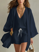 Antje | 3-teiliges Set mit Cardigan und Shorts – Marineblau