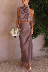 Berenie | Damen Hochzeitsgast Oberteil und Rock Set | Zweiteiler – Taupe
