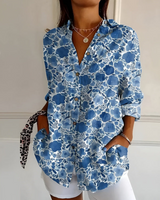 Damen Bluse mit V-Ausschnitt | Lockere Langarmbluse mit Knöpfen – Dunkelblaue Blume