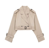 Kurzer Damen-Trenchcoat aus veganem Leder – Khaki