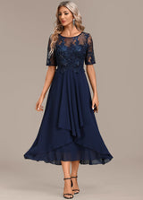 Pauline | Rundhals Kurzarm Kleid – Marineblau