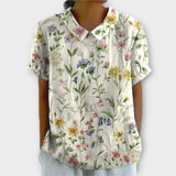Lina | Blumenbluse aus Baumwolle und Leinen – Weiß