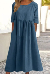 Elegantes Baumwoll-Leinen Kleid mit praktischen Taschen – Blau