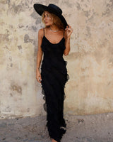 Damen Rüschen Lange Maxi Sommerkleid – Schwarz