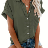 Loise | Damen Kragen Knopfbluse | Kurzarm – Armeegrün
