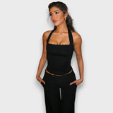 Leane – Corsagen-Top mit Neckholder und Spitzenkante – Schwarz