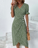 Damen Elegantes Blumen Kleid | V-Ausschnitt – Grün