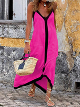 Mittellanges Kleid mit verstellbaren Trägern und Blockfarben-Design – Rosa Rot