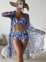 Catherine – 3-teiliges Bikini-Set mit Langarm-Cardigan für den Sommerstrand – Dunkelblau