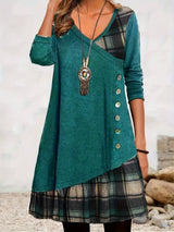 Alinor - Lässiges Kariertes Patchwork Kleid Mit Langen Ärmeln – Grün