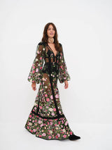Sabrina - Maxikleid aus transparenter Spitze mit Blumenmuster – Schwarz
