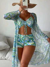 Catherine – 3-teiliges Bikini-Set mit Langarm-Cardigan für den Sommerstrand – Blau